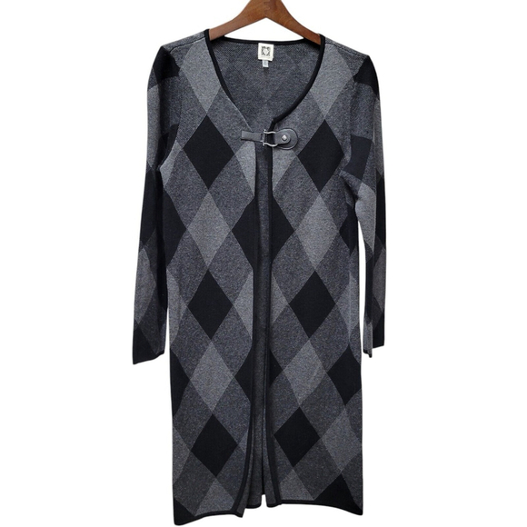 Anne Klein Longline Plaid Cardigan Heather Gray Black Size Medium Pre-owned - Picture 1 of 9